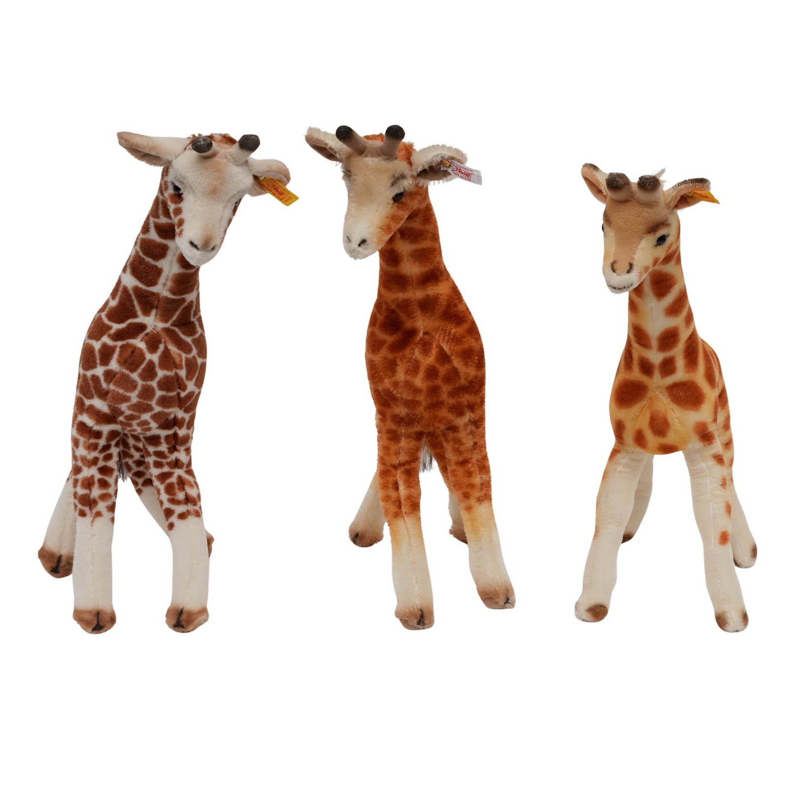 (3 pcs) Steiff Giraffes: (3 pcs) Steiff Giraffes Late 20th-early 21st century Artist/Designer/Manufacturer: Steiff Marking(s); notes: Giraffe No. 666209, numbered 00777/1500; giraffe No. 068072; giraffe No. 068089 Materials: