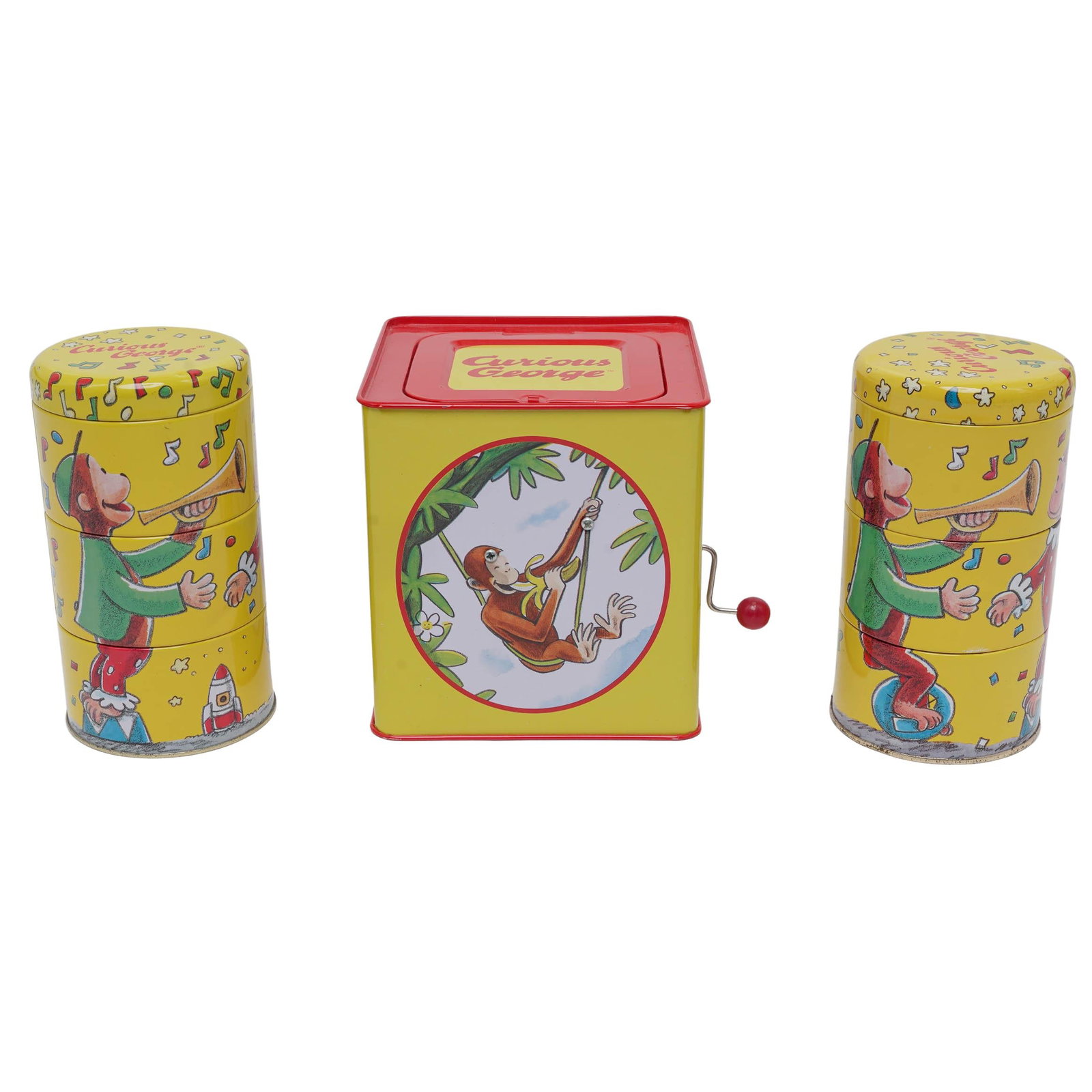 (3 pcs) Curious George Stackable Tins & Jack in the Box: (3 pcs) Curious George Stackable Tins & Jack in the Box Late 20th century rtist/Designer/Manufacturer: Curious George / Unknown Marking(s); notes: Two stackable tins dated 1995 Materials: tin, metal, 