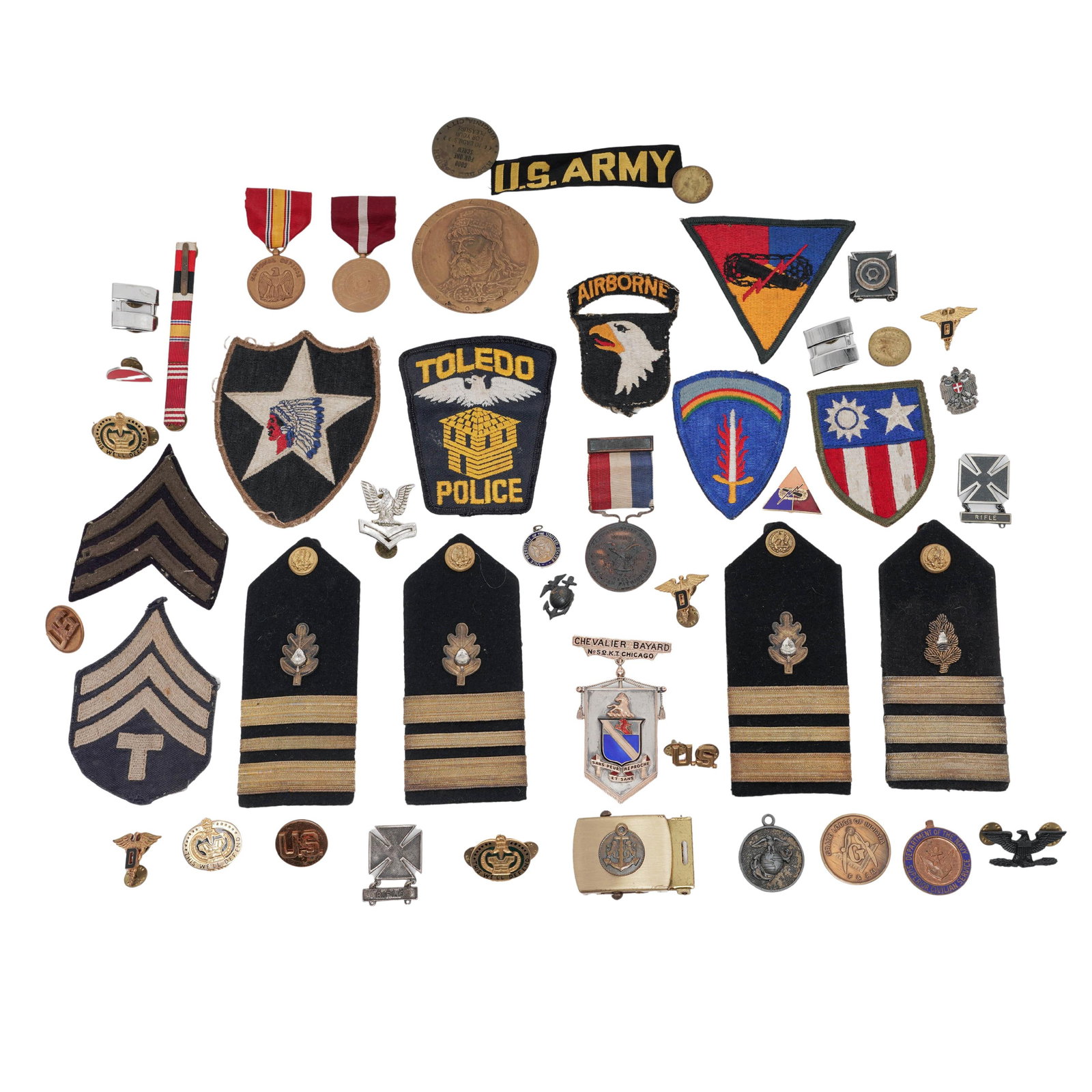 (47 pc) Bronze & Brass Military/Police Medals & Memorabilia: (47 pc) Bronze & Brass Military/Police Medals & Memorabilia 20th Cent, US/Germany/Poland Artist/Designer/Manufacturer: Various Manufacturers Marking(s); notes: Assorted United States, German, and Poli