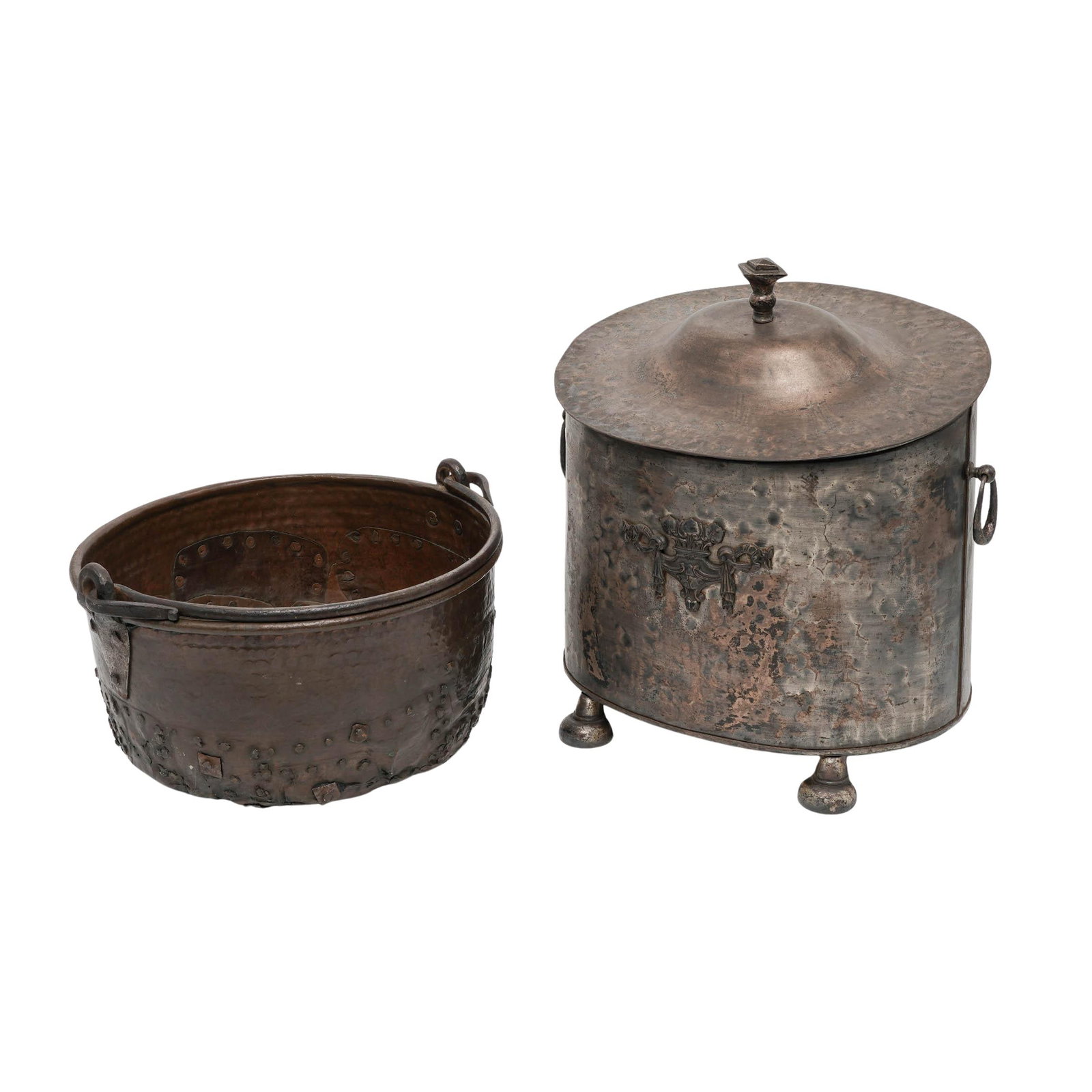 Pair of Vintage Hammered Metal & Copper: Pair of Vintage Hammered Metal & Copper late 19th-early 20th-century, India , European Pair of vintage hammered metal & cooper large pots, including a lidded container with decorative accents and a ne
