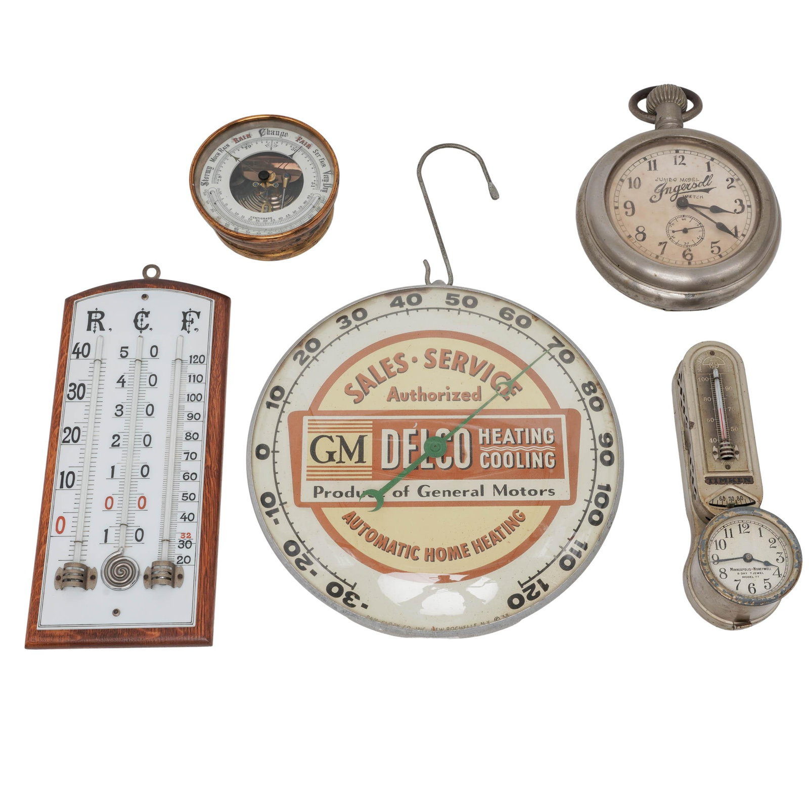 (5 pc) Antique Thermometers, Barometer & Clock: (5 pc) Antique Thermometers, Barometer & Clock 19th - 20th Cent Artist/Designer/Manufacturer: Minneapolis-Honeywell / Ingersoll / Various Manufacturers Marking(s); notes: Minneapolis-Honeywell Model 7