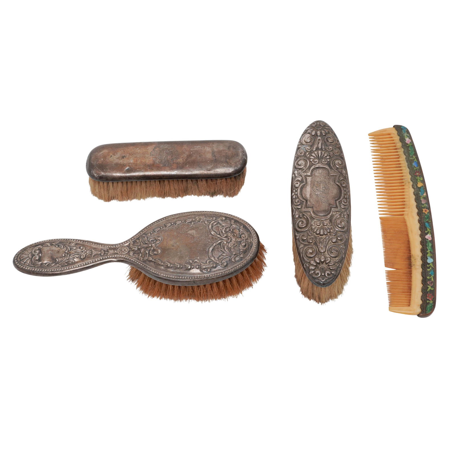 (4 pc) Antique Sterling Silver & Bone/Enamel Vanity Brushes (1 of 9)