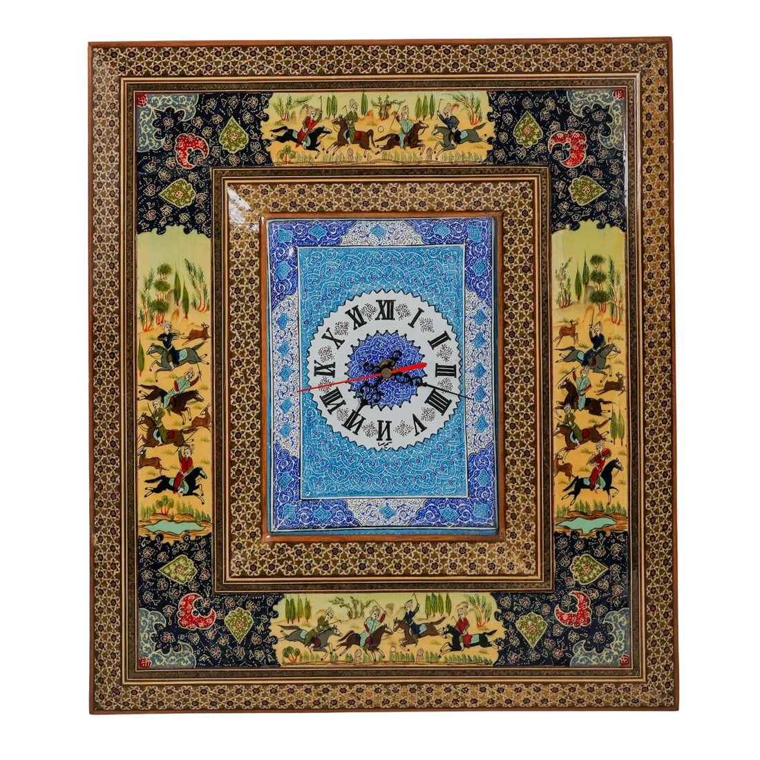 Persian Khatamkari Marquetry & Bue Minakari Enamel Wall Clock: Persian Khatamkari Marquetry & Bue Minakari Enamel Wall Clock 20th century, Persian Artist/Designer/Manufacturer: Unknown Marking(s); notes: Persian; traditional Khatamkari and Minakari decoration