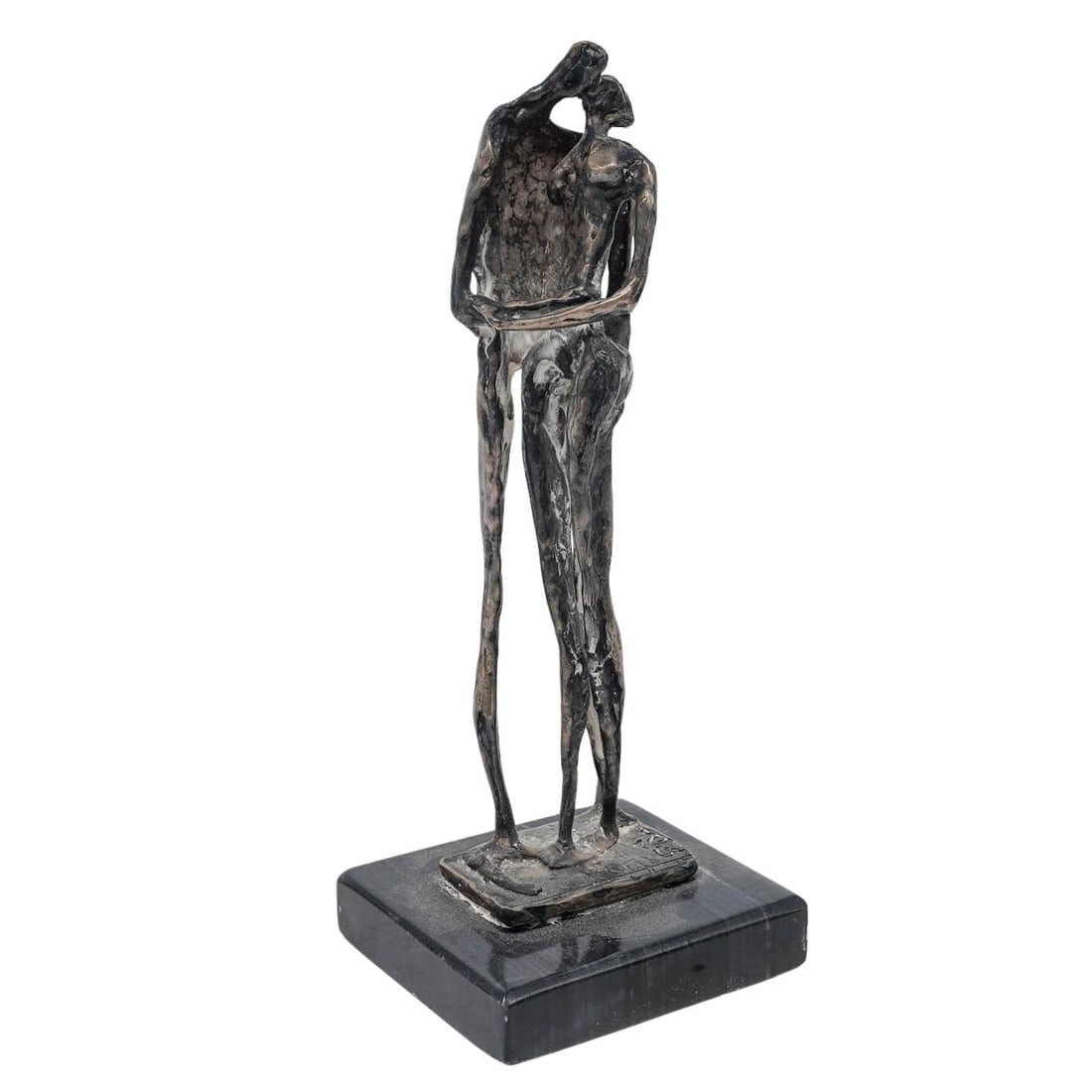 Signed Brutalist Silver-plated Figural Sculpture: Signed Brutalist Silver-plated Figural Sculpture Mid - Late 20th Cent, European Metal Sculpture of an affectionate couple standing on a silver plated base, which is adhered to a darker stone base.