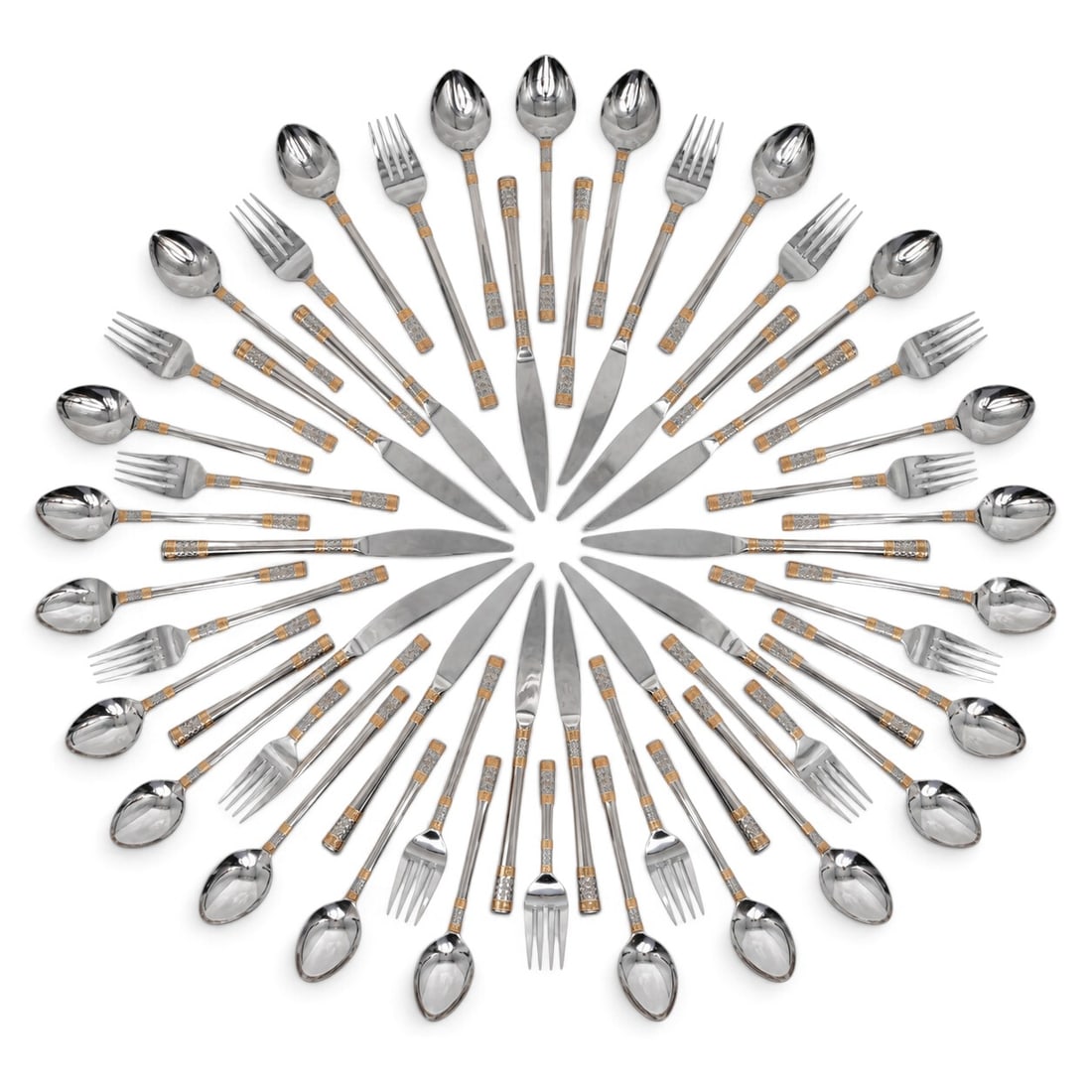 (60 pc) Wallace "Corsica" Flatware Set Stainless Steel w/ Gold-Plated Accents: (60 pc) Wallace "Corsica" Flatware Set Stainless Steel w/ Gold-Plated Accents 20th century, Chinese (60 pc) Wallace "Corsica" flatware set, crafted from premium 18/10 stainless steel with elegant