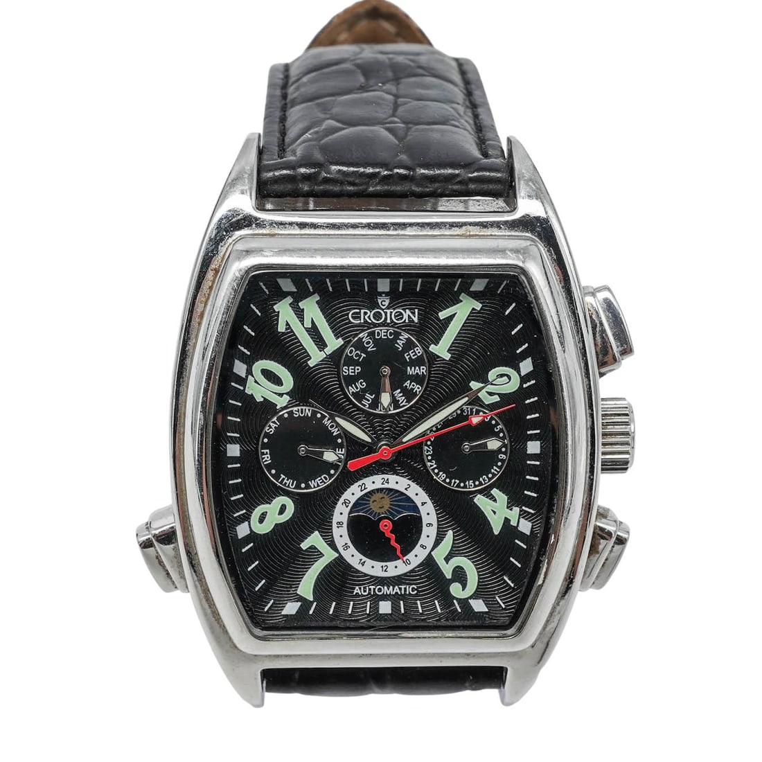 Croton Stainless Steel Chronograph Tonneau Watch: Croton Stainless Steel Chronograph Tonneau Watch 2000's, United States Artist/Designer/Manufacturer: Croton Marking(s); notes: Marked “3 ATM Water Resistant,” “All Stainless Steel,” an