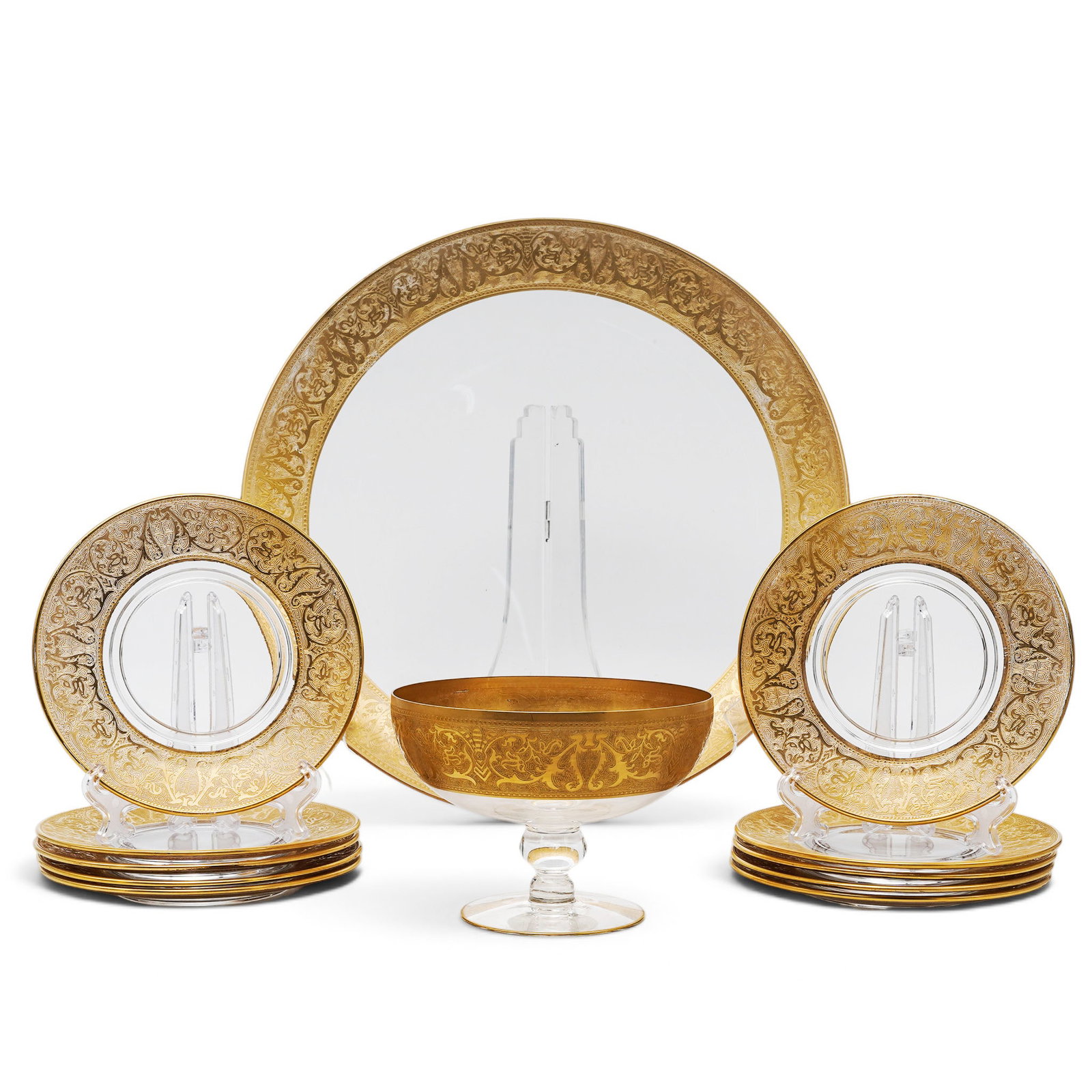(12 pc) Glastonbury-Lotus Crystal "Georgian Gold" Tableware Set: (12 pc) Glastonbury-Lotus Crystal "Georgian Gold" Tableware Set Mid 20th Century, USA Artist/Designer/Manufacturer: Glastonbury-Lotus. Marking(s): None mentioned. Materials: Crystal glass with 22K gol