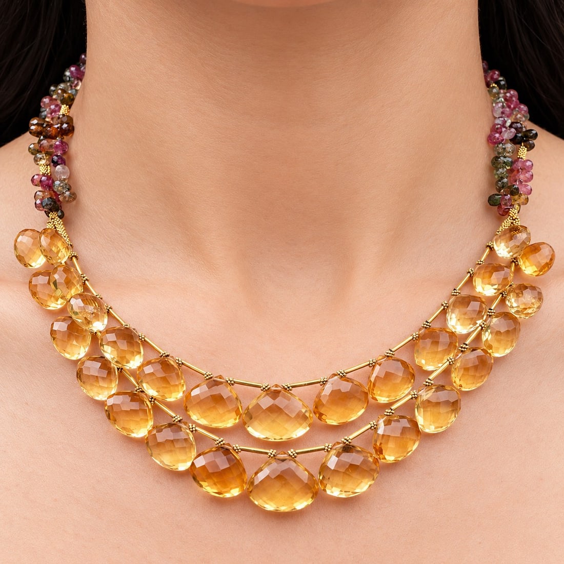 18k Gold Citrine & Assorted Gemstone Briolette Necklace: 18k Gold Citrine & Assorted Gemstone Briolette Necklace 2000's, USA 18k gold multi-strand briolette necklace with graduated faceted citrine drops and mixed gemstone bead accents in pink, green, brown,
