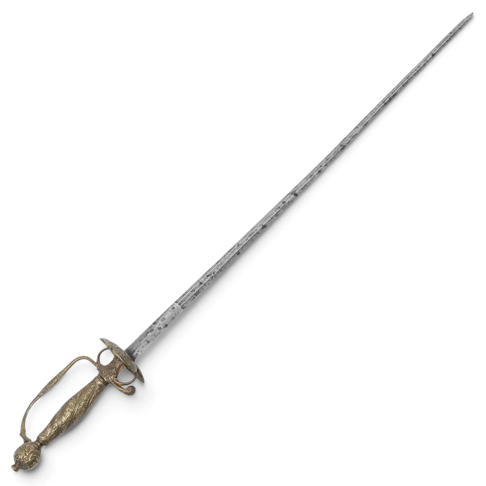 Antique French Relief-Cast Brass Hilted Smallsword: Antique French Relief-Cast Brass Hilted Smallsword 18th Century, French Artist/Designer/Manufacturer: Unknown Marking(s); notes: Ricasso with stamped or incised floral scroll decoration Materials: cas