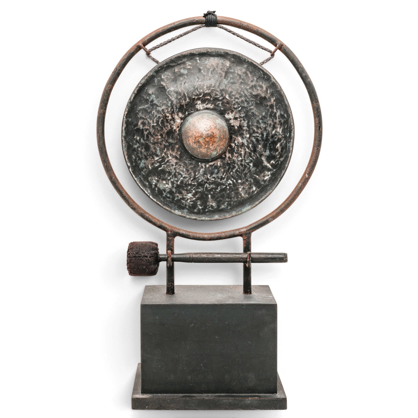 Vintage Decorative Metal Gong & Mallet: Vintage Decorative Metal Gong & Mallet Late 20th Century, China Artist/Designer/Manufacturer: Unknown. Marking(s): None. Materials: Metal, wood, and textile. Cataloger Note: Vintage decorative metal g