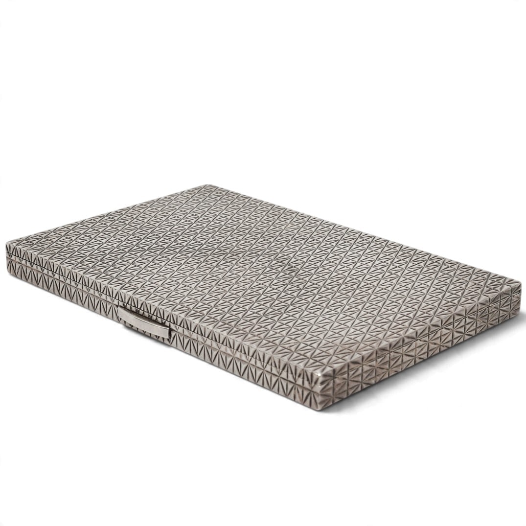 Dunhill Sterling Silver Cigarette Case: Dunhill Sterling Silver Cigarette Case Early to Mid 20th Century, French Dunhill Paris sterling silver cigarette case with engine-turned geometric exterior, gilt-washed interior, and hinged closure. M