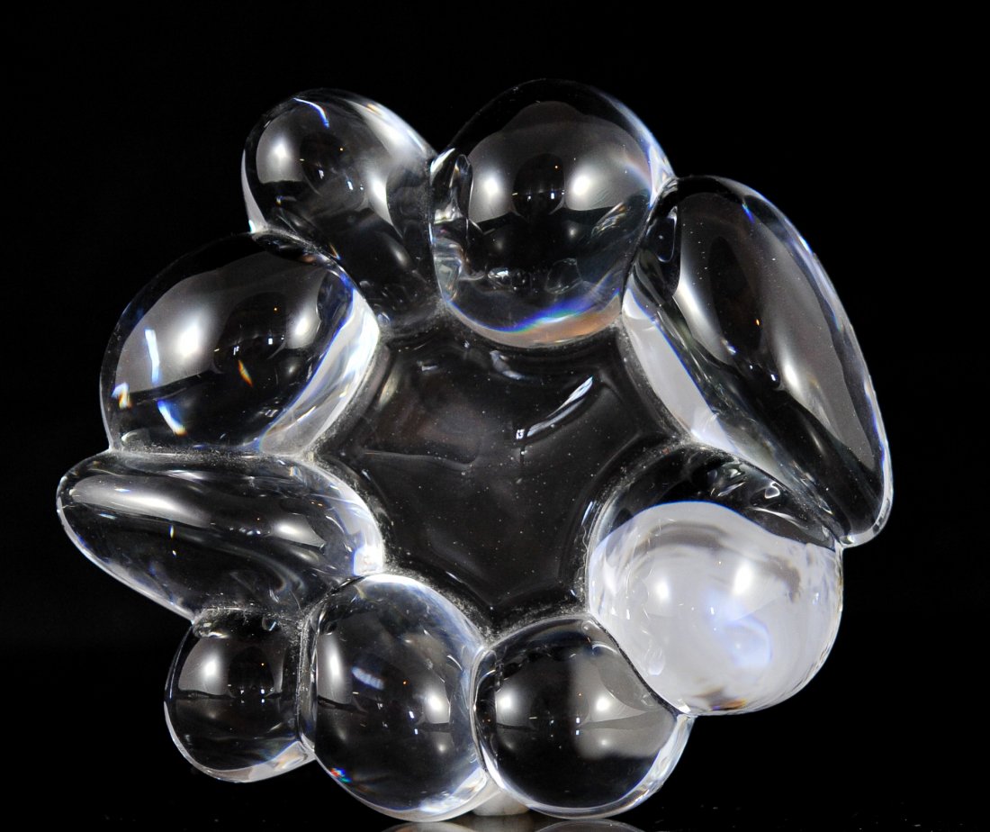 Daum France Decorative Crystal Ashtray: DESCRIPTION: Daum crystal decorative ashtray with boulders shape surrounding center of of the ashthray. Signed on the side "Daum France" CIRCA: Late 20th ct ORIGIN: France DIMENSIONS: 6.25" in diamete