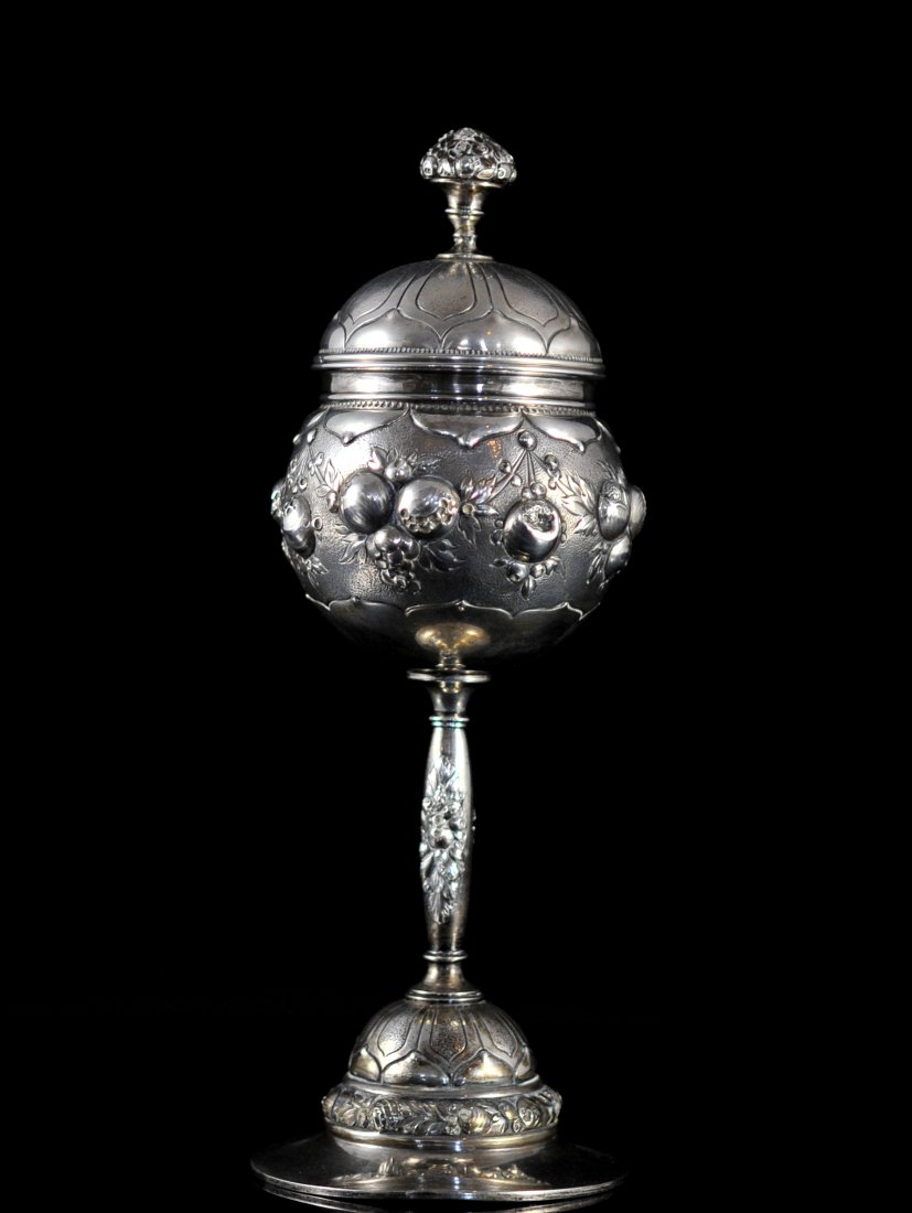 Antique Spanish 800 Silver Chalice: DESCRIPTION: Antique baroque 800 silver chalice in a fruitful decor with a beautiful top. Hallmarked the traditional Spanish stamp and stamped 800. Weighs a total of 349 grams. CIRCA: 19th ct ORIGIN: 