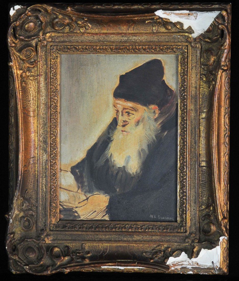 Vintage Oil On Board Judaic Painting: DESCRIPTION: Vinatge oil on board painting of a religious men reading the bible. Illegibly signed on the lower right corner. Damages on the gold leaf plaster frame. CIRCA: mid 20th ct ORIGIN: USA DIME