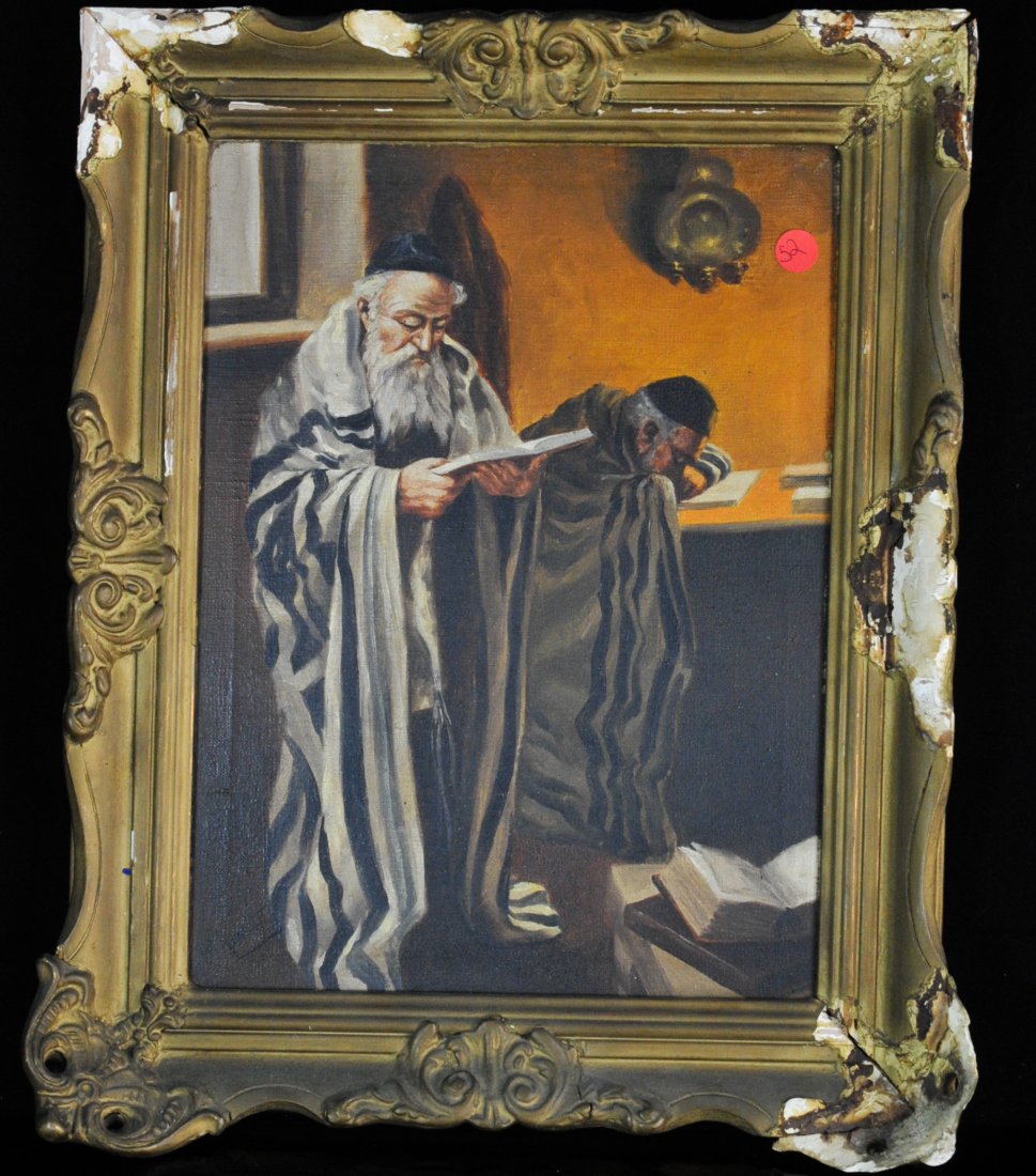 Antique Judaic Oil On Canvas Painting: DESCRIPTION: Antique oil on canvas painting of two Rabbis praying wearing tallits. Comes in a damaged plaster frame. Signed on the lower left corner of the canvas. CIRCA: Late 19th to early 20th ct OR