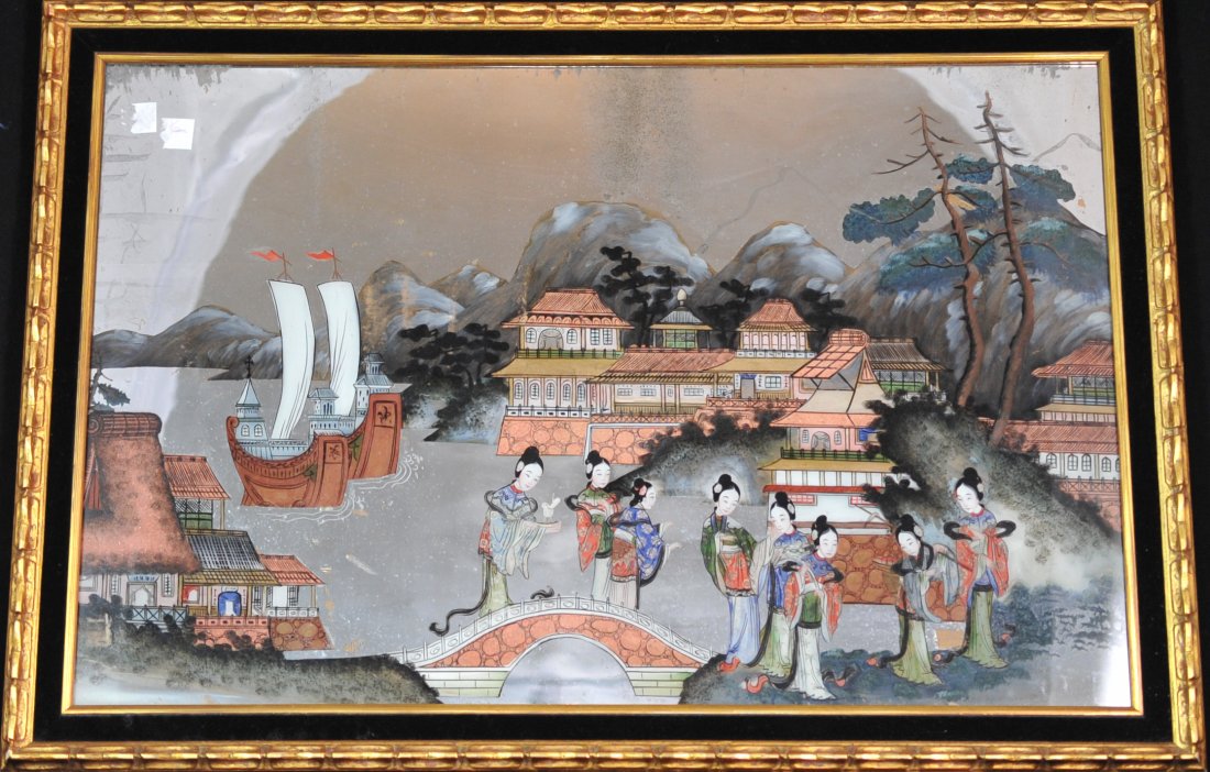 Antique Reverse Glass Mirror Painting: DESCRIPTION: Reverse glass mirror painting dipicting several robed ladies crossing a bridge with buildings and mountains in the distance. Good condition CIRCA: Early 20th ct ORIGIN: China DIMENSIONS: 