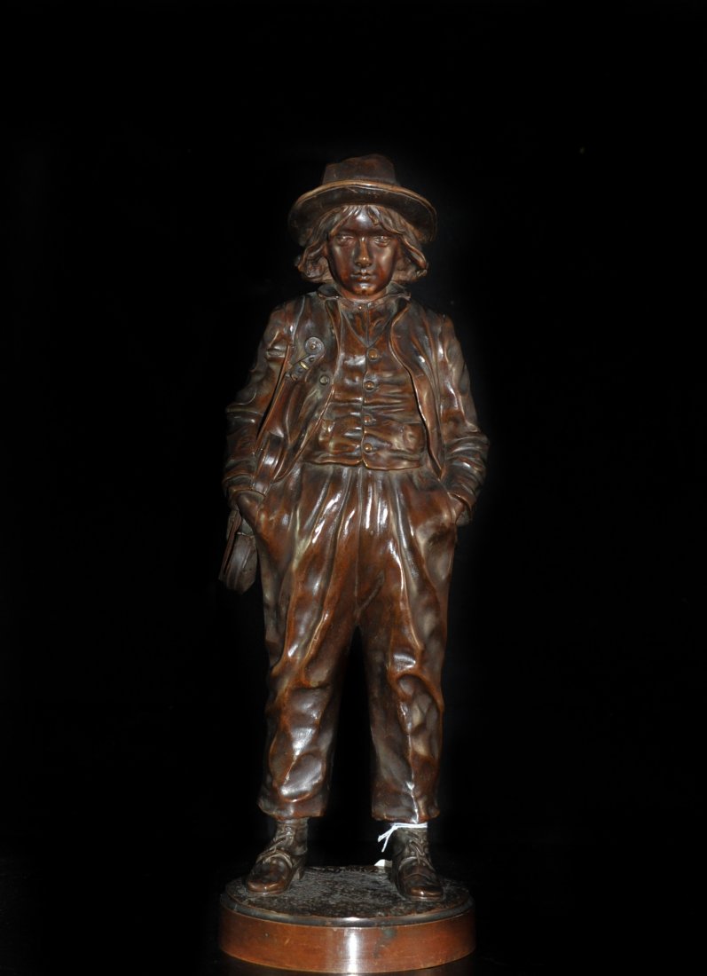 J. Garnier Bronze Young Men Sculpture: DESCRIPTION: Sculpture of a young men well dressed holding his violin in a dark bronze beautiful patina sitting on a circular bronze base which is signed J. Garnier. CIRCA: Early 20th ct ORIGIN: Franc