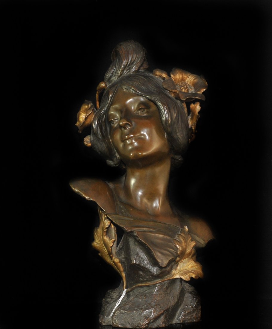 Julien Causse Bronze Lady Bust Sculpture: DESCRIPTION: Gorgeous large bust of a young lady smiling in a two tone bronze patina in a floral motif using roses as hair ties to hold her hair up. Signed on the bottom with the traditional "J.Causse