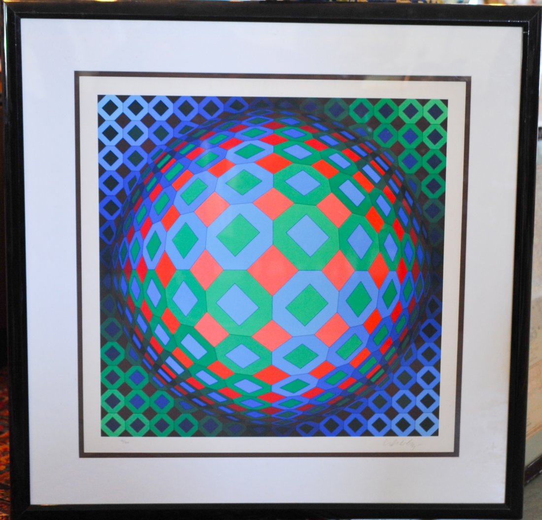 Victor Vasarely "Vega Cor" Serigraph: DESCRIPTION: A lithograph Victor Vasarely titled "Vega Cor" screenprinted in colors on wove paper. The creation is based on spherical distortion to a ploychromatic grid. Signed in pencil "Victor Vasar