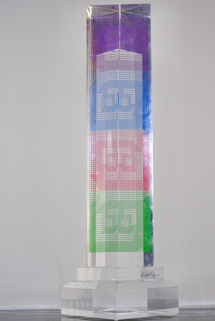 Victor Vasarely Lucite Sculpture "Tower": DESCRIPTION: Victor Varsarely a major master of the 20th century. "Tower" made of lucite with a screen print. A very unique three-demensional sculpture with geometric patterns. The sculpture completel