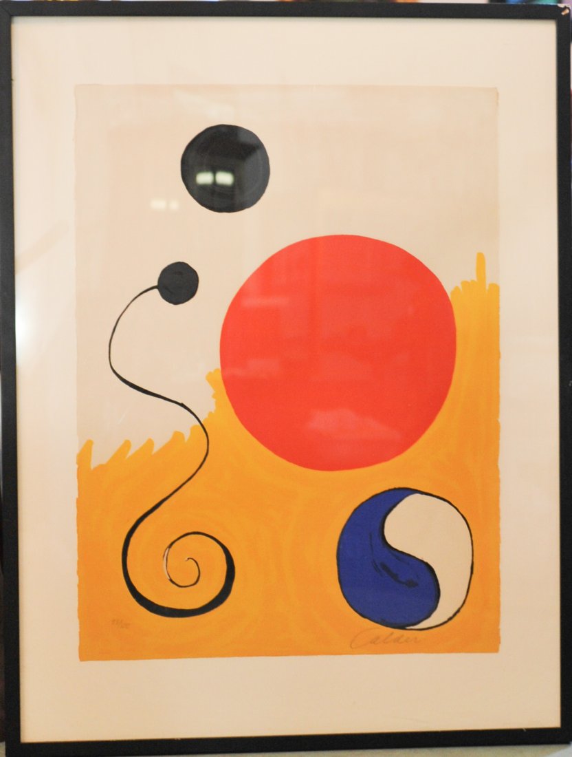 Alexander Calder "Four Young Artists" Lithograph: DESCRIPTION: Alexander Calder "Four Young Artists" Lithograph printed in colors. The painting dipicts four figures with a white and yellow background. Signed "Calder" and "93 of 150". Prestine conditi
