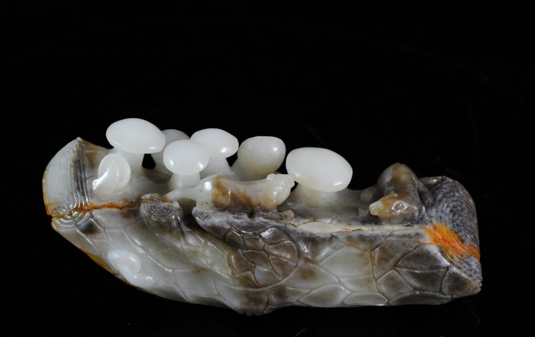 Chinese White Jade Carving Pendant: DESCRIPTION: Chinese hand carved white jade pendant featuring a log of wood with sprouting mushrooms and a couple of mice atop of it. The jade varys from white to a grayish russet color. Phenomenal de