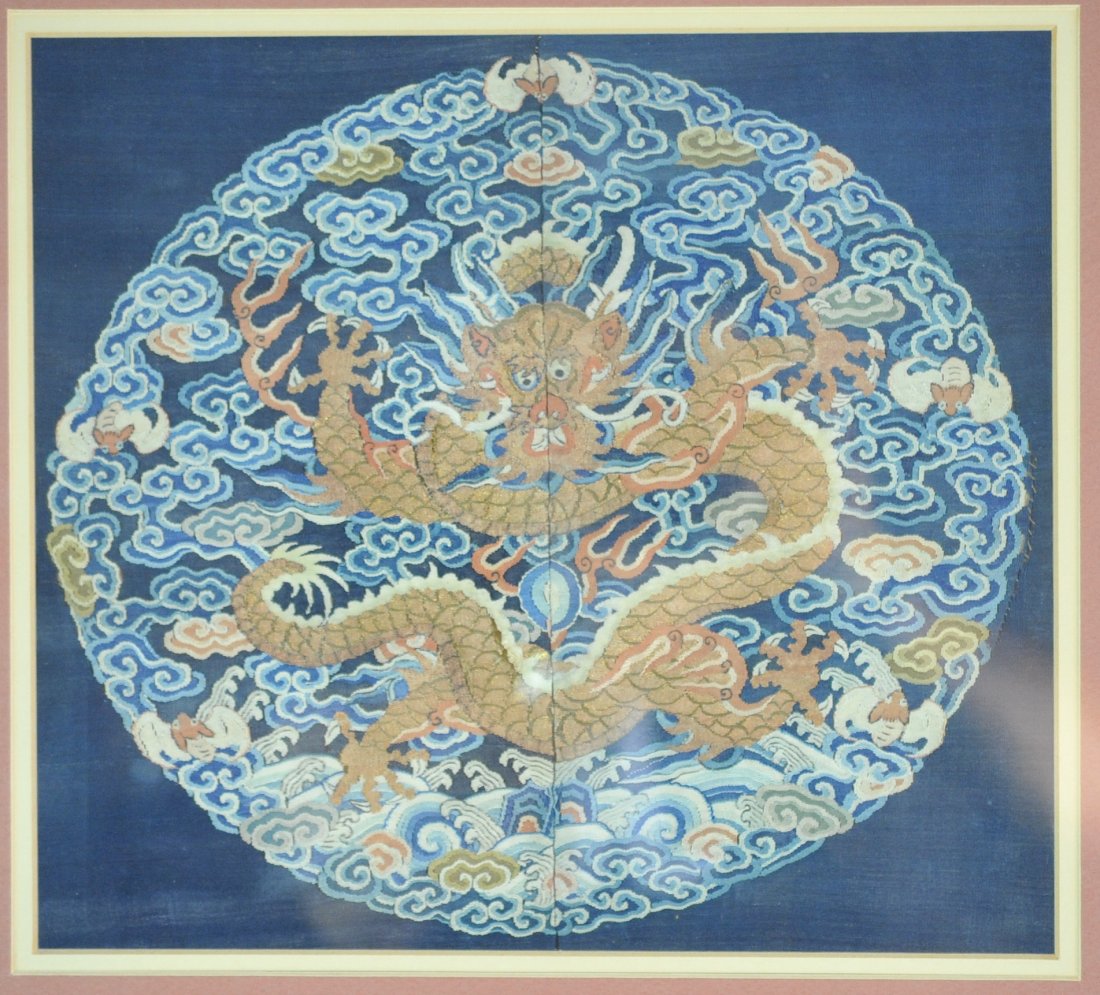 Antique Chinese Imperial Silk Rank Badge: DESCRIPTION: Antique Chinese rank badge silk gold thread embroidered cloth, gold tone framed. five clawed gold dragon in the center with ruyi-form clouds, bats on the outer edge. CIRCA: 18/19th Ct ORI