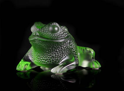 Large Colored Lalique Crystal Toad: DESCRIPTION: Lalique lime green crystal toad at its prone position. Signed "Lalique France".CIRCA: 20th ctORIGIN: FranceDIMENSIONS: H: 3.5" L: 5"