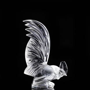 Lalique "Rooster" Paperweight: DESCRIPTION: Lalique footed frosted crystal "Rooster" paperweight sculpture, signed "Lalique France" on the bottom. CIRCA: 20th CenturyORIGIN: FranceDIMENSIONS: H: 8" L: 5 1/2" W: 3"