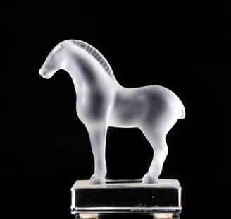 Lalique Crystal "Cheval" Horse Paperweight: DESCRIPTION: Lalique footed frosted crystal "Cheval" Horse figurine/paperweight. Signed "Lalique France"CIRCA: 1960ORIGIN: FranceDIMENSIONS: H: 4" W: 3 1/2"