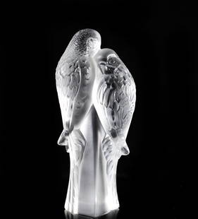 Lalique Crystal "Parokeets": DESCRIPTION: Lalique two parokeets sculpture, love embrace signed "Lalique France" CIRCA: 20th Century ORIGIN: FranceDIMENSIONS: H: 7 1/4" W: 3 1/2"