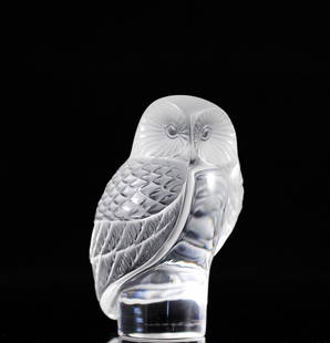 Lalique Crystal "Owl" Paperweight: DESCRIPTION: Lalique footed frosted crystal "Owl" Paperweight, signed "Lalique France" on the bottom. CIRCA: 20th CenturyORIGIN: FranceDIMENSIONS: H: 3 3/8" W: 2 1/4"