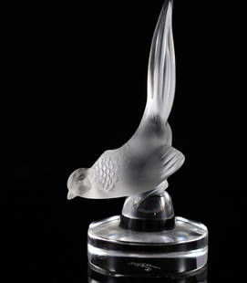 Lalique Crystal "Pheasant" Bird Paperweight: DESCRIPTION: Lalique Frosted Crystal "Pheasant" bird paperweight, signed "Lalique France"CIRCA: 20th CenturyORIGIN: FranceDIMENSIONS: H: 4 1/8" W: 2 3/8"