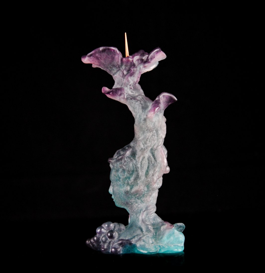 Large Daum Pate-De-Vers Crystal Candle Holder: DESCRIPTION: Daum Pate-De-Vers crystal multicolored candle holder in a turqoise and purple motif. A gorgeous figural stem and a floral finish. Comes with its original box and signed on the bottom "Nan