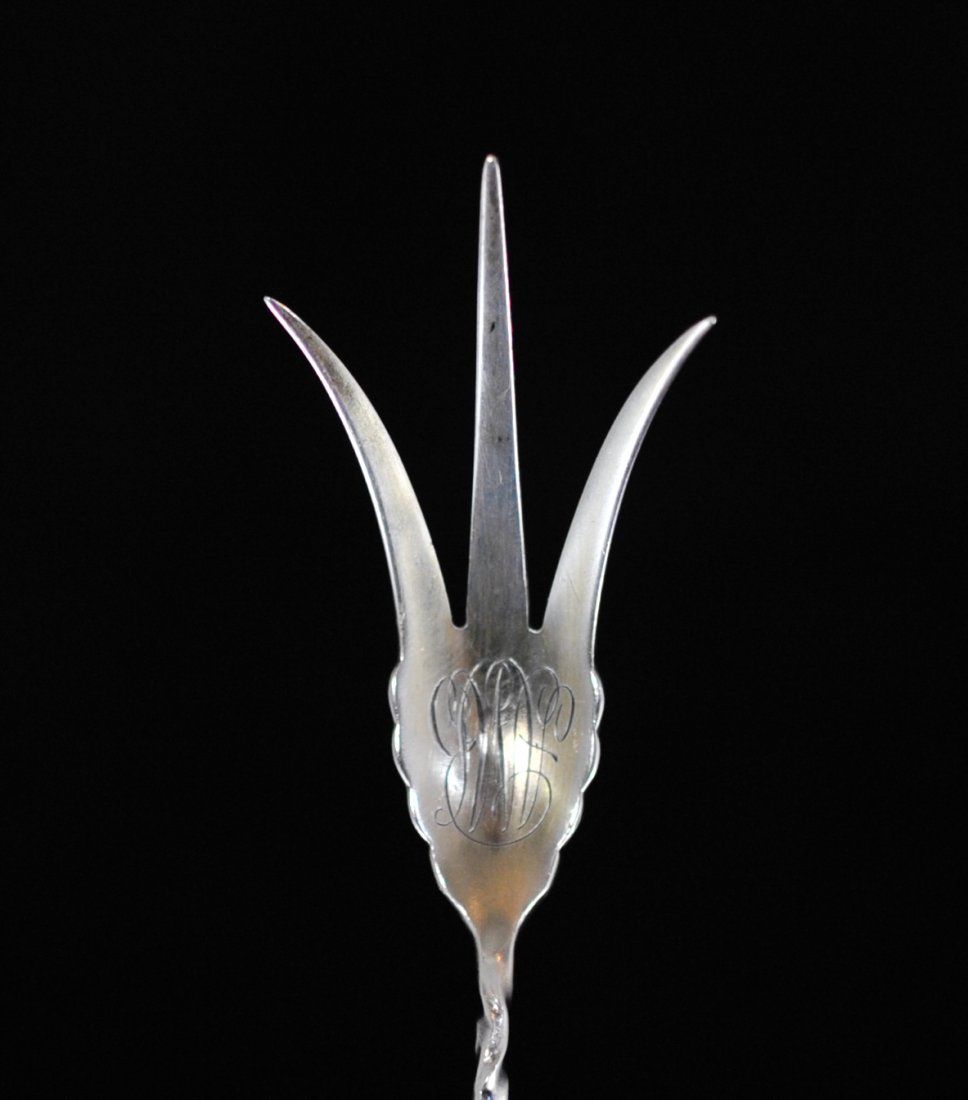 Antique Baroque Sterling Silver Serving Fork: DESCRIPTION: Whiting Mfg. Co. sterling silver serving/lemon fork, monogramed, floral pattern CIRCA: 19th century ORIGIN: US DIMENSIONS: Length 9.25" Weight: 26g