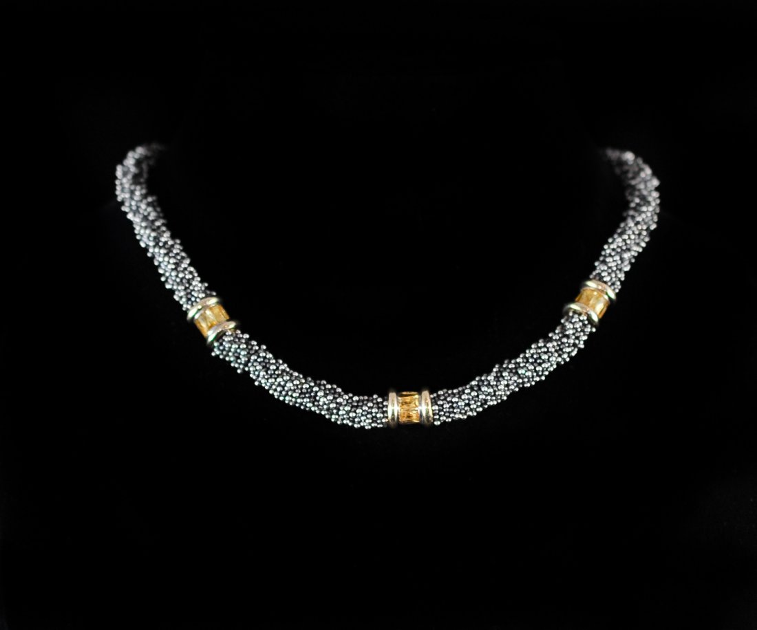 Michael Dawkins 14k Gold / Sterling Silver Necklace: DESCRIPTION: Women's Michael Dawkins sophisticated 14k gold and sterling silverÂ choker necklace, cluster design withÂ citrine gems through out. CIRCA: Mid 20th Century ORIGIN: US DIMENSIONS:L: 16