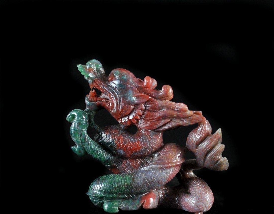 Mystical Chinese Multi-Colored Jade Dragon: DESCRIPTION: Mystic ancient style chinese dragon, beautifully made and exceptionally carved, the dragon is looking upright with coiled bottom, made of multi-colored jade with prominent color being a n