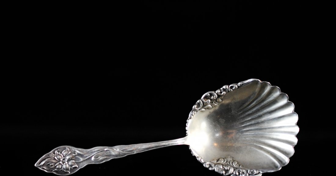 Antique Sterling Silver Sea Shell Spoon: DESCRIPTION: Antique Sterling Silver Sea shell shaped or grooved spoon. Very detailed with a floral motif throughout. Hallmarked with James E. Blake Makers mark on the back. weighing 33 grams in sterl
