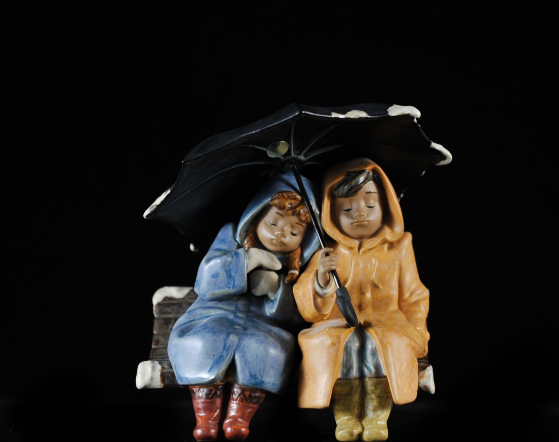 Lladro Couple on A Bench In Snowy Day: DESCRIPTION: Lladro couple sitting on a bench on a snowy day wearing warm clothing holding a umbrella. Visible snow on the trims of the bench and umbrella. Excellent condition with no chips or repairs