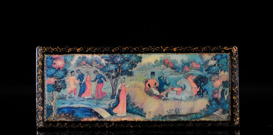 Russian Hand Painted Lacquered Box: DESCRIPTION: Russian hand painted lacquered box. Lid of box completely hand painted with folklore scene. Dipiction is of numerous woman and men enjoying the country side. Gold leaf design on all four 