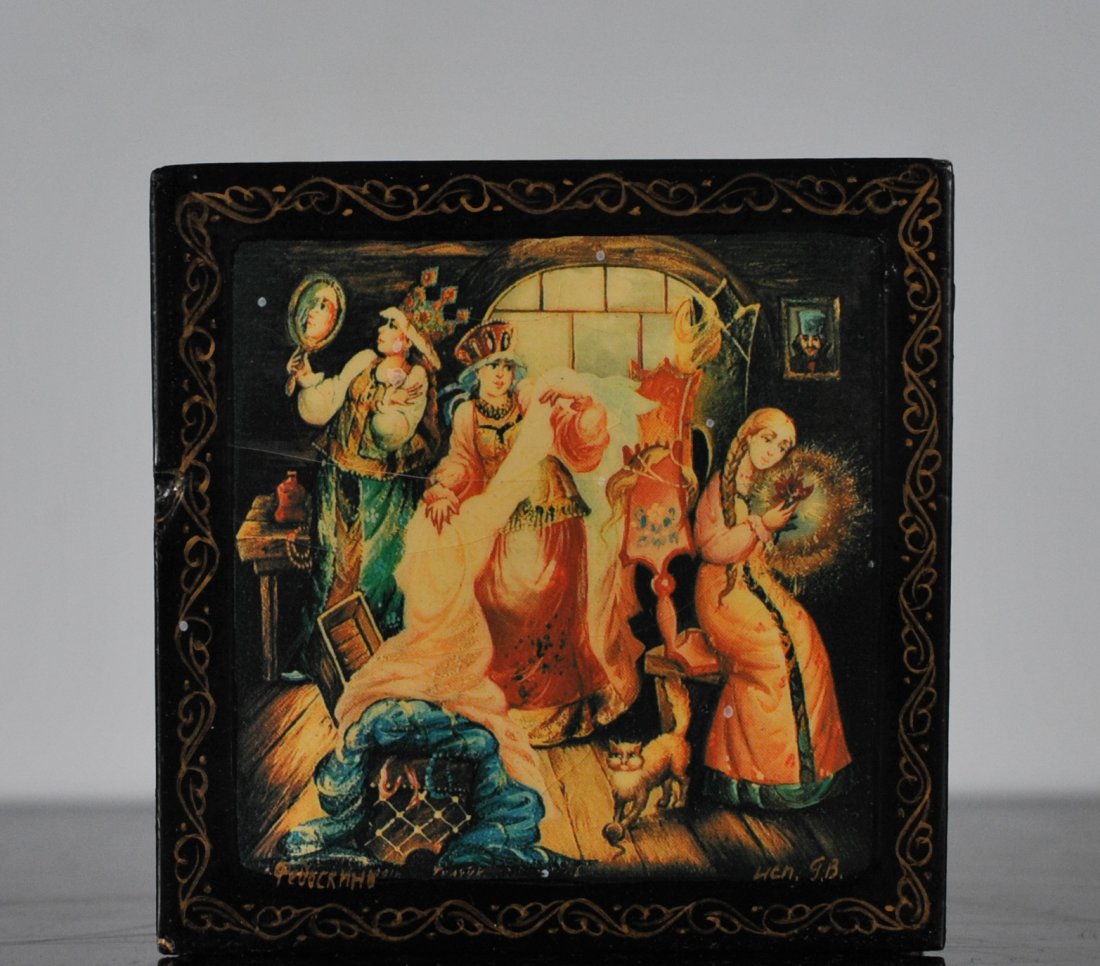 Russian Hand Painted Lacquered Box: DESCRIPTION: Russian hand painted lacquered box. Lid of box completely hand painted with a room of three woman draped in extravagant clothing. Gold loop design on all four sides, interior and exterior