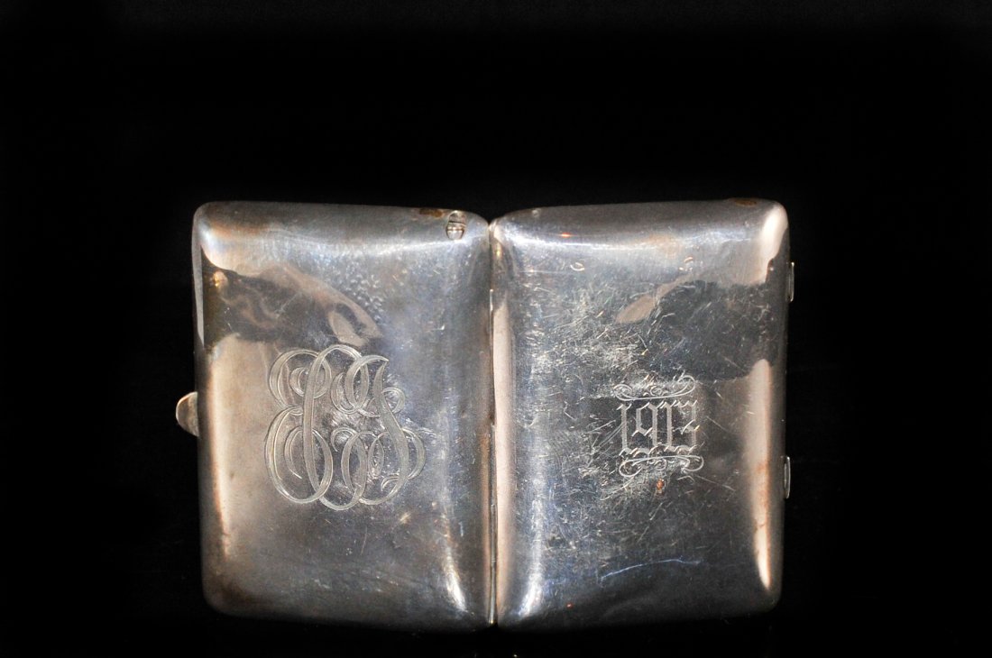 Antique Sterling Silver Ladies Compact Case: DESCRIPTION: Stunning vintage sterling silver compact with mirror and coin case including pencil, monogramed and dated 1913 CIRCA: 20th Century marked " 5 sterling" on inside. Weighs a total of 120 gr