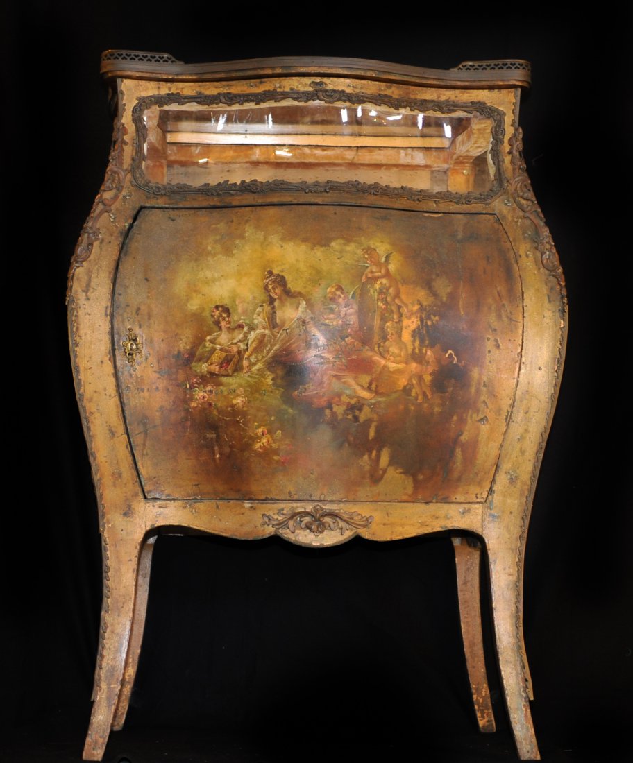 French Antique Wooden Vitrine Hand Painted Design: DESCRIPTION: Antique wooden vitrine with a hand painted design of women and cherubs on the front, roses and musical instruments on the sides. The inside of the cabinet has three shelves that are handp