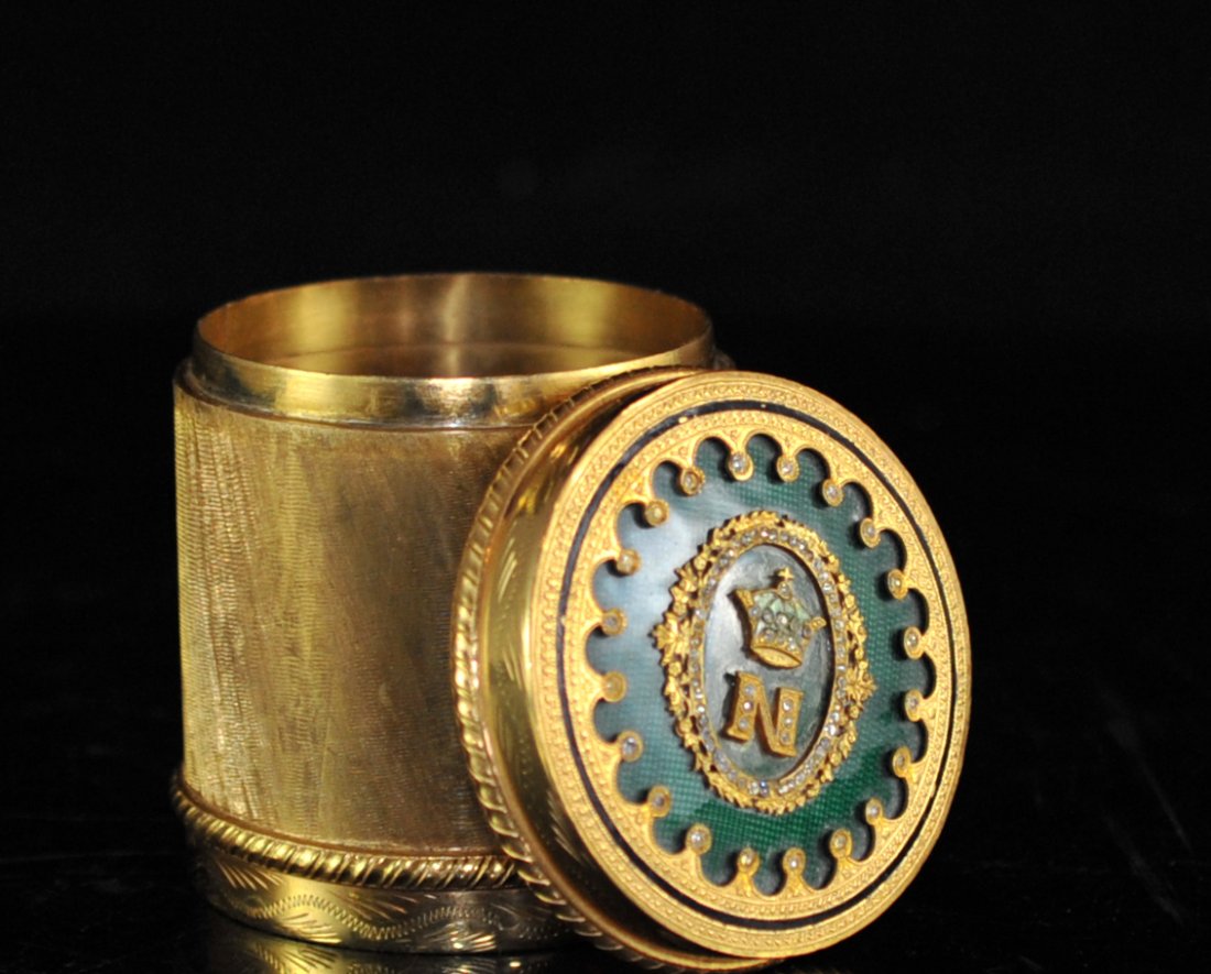 Bronze Gilded Napoleon Diamond Box: DESCRIPTION: Bronze gilded Napoleon diamond cylinder box features a removable lid decorated with green enamel and royal flower foliage. Lid is also decorated with antique diamonds surrounding a crown 