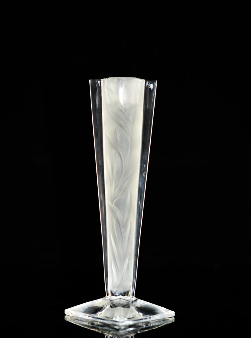 J.G Durand Crystal Candlestick Holder: DESCRIPTION: J.G Durand candle stick holder. The center has a molded frosted leaf decoration and on each side a sliver of clear crystal and a clear crystal base. Signed "J.D DURAND" on the bottom. CIR