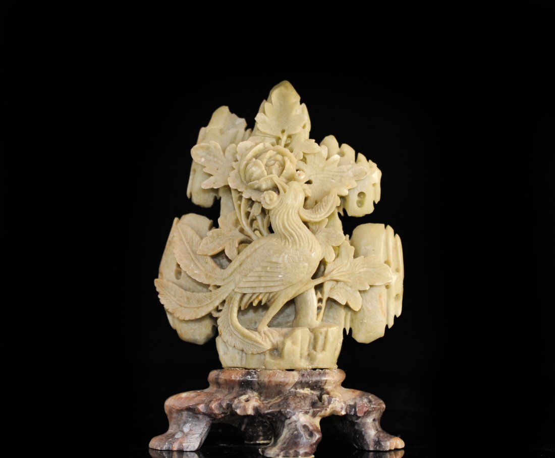 Hand Carved Chinese Soapstone: DESCRIPTION: Hand carved chinese soapstone features floral and crane relief carvings through out. Detail and condition is excellent. CIRCA: 20th Ct. ORIGIN: China DIMENSIONS: H: 6" W" 4.5"