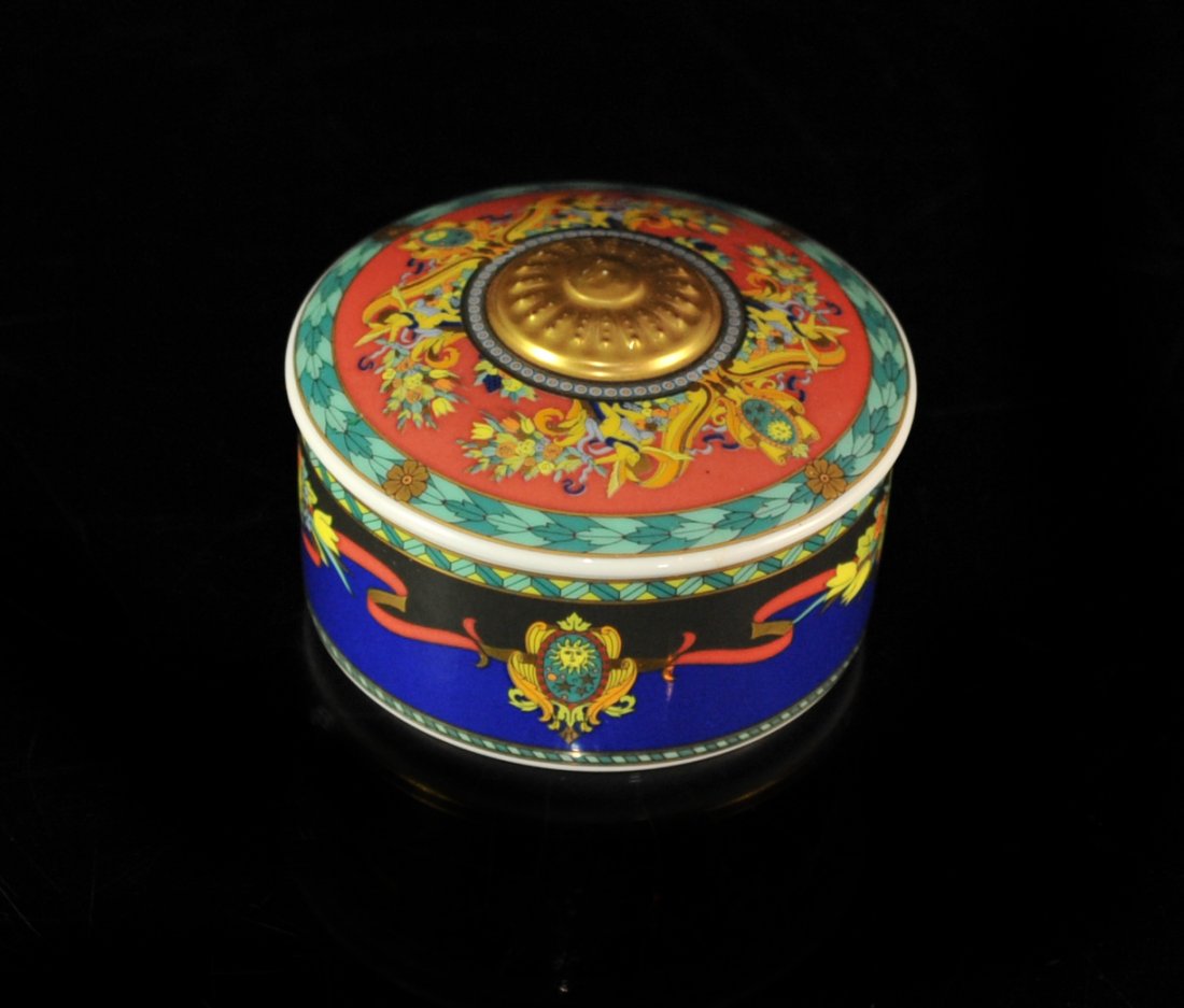 Versace Rosenthal "Le Roi Soleil" Box: DESCRIPTION: Versace Rosenthal "Le Roi Soleil" porcelain box. Features print throughout body and lid, inside features "Le Roi Soleil" design. Studio-linie Marked "Rosenthal Versace" and "Germany". CIR