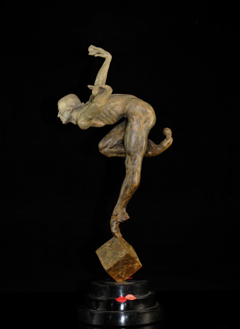 Richard Macdonald "Blind Faith" Bronze: DESCRIPTION: Truly "Blind Faith" is a beautiful peice of contemporary neo-figurative art. Feautures in excellent detail a blind folded man balancing himself on a cube while sustaining a hold on three 