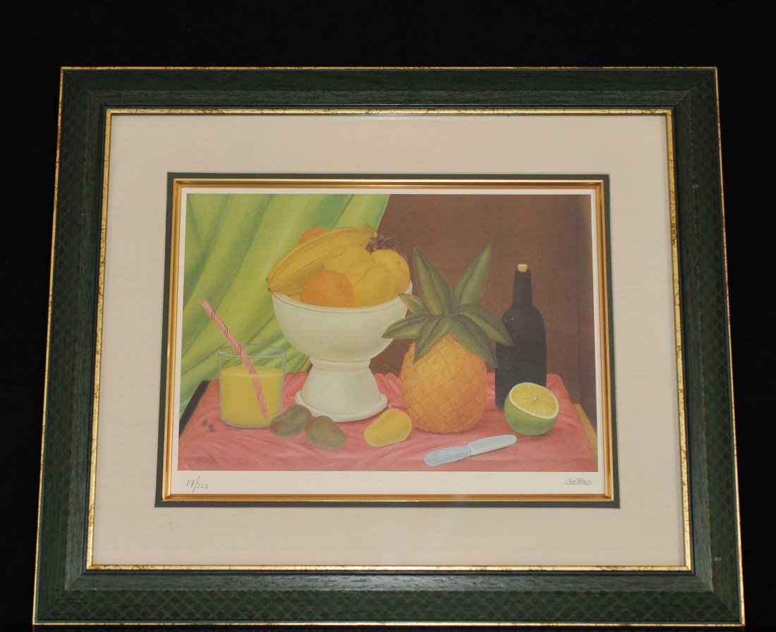 Botero Still Life Serigraph Framed: DESCRIPTION: Fernando Botero serigraph of still life, featuring a bowl of fruit, a pineapple, lime, a glass and a bottle of wine. Signed "Botero" on bottom right and numbered 17/122 on bottom left. Fr