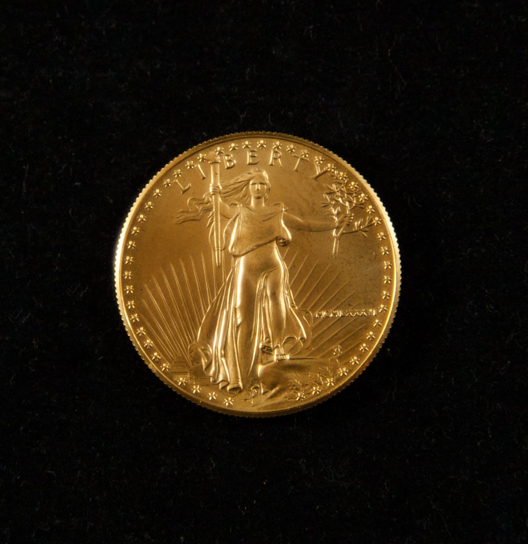 1986 American Eagle 22K Gold Coin: DESCRIPTION: 1986 American eagle gold coin in great condition. Holds a monetary value of $50. CIRCA: 20th Ct. ORIGIN: U.S. DIMENSIONS: 33.93 grams